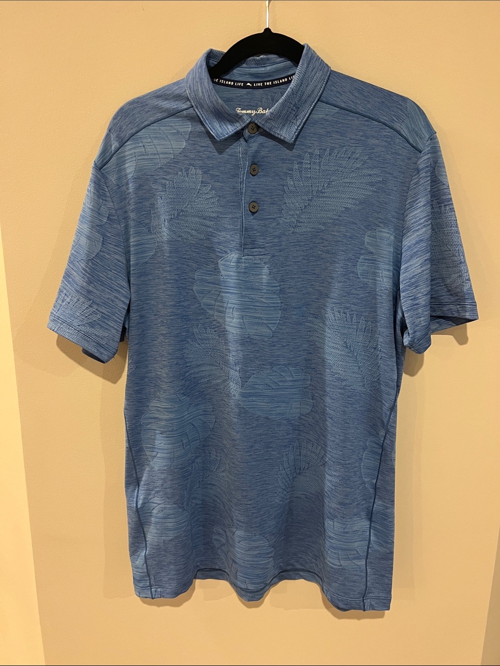 Tommy Bahama IslandZone Golf shirt  Heathered Blue Polo with Tonal Leaf Motif